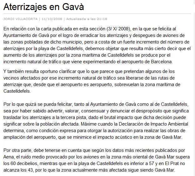 Carta del President de l'AVV Platja de Gav&agrave; (Jordi Villacorta) publicada al diari "La Vanguardia" l'11 d'octubre de 2008